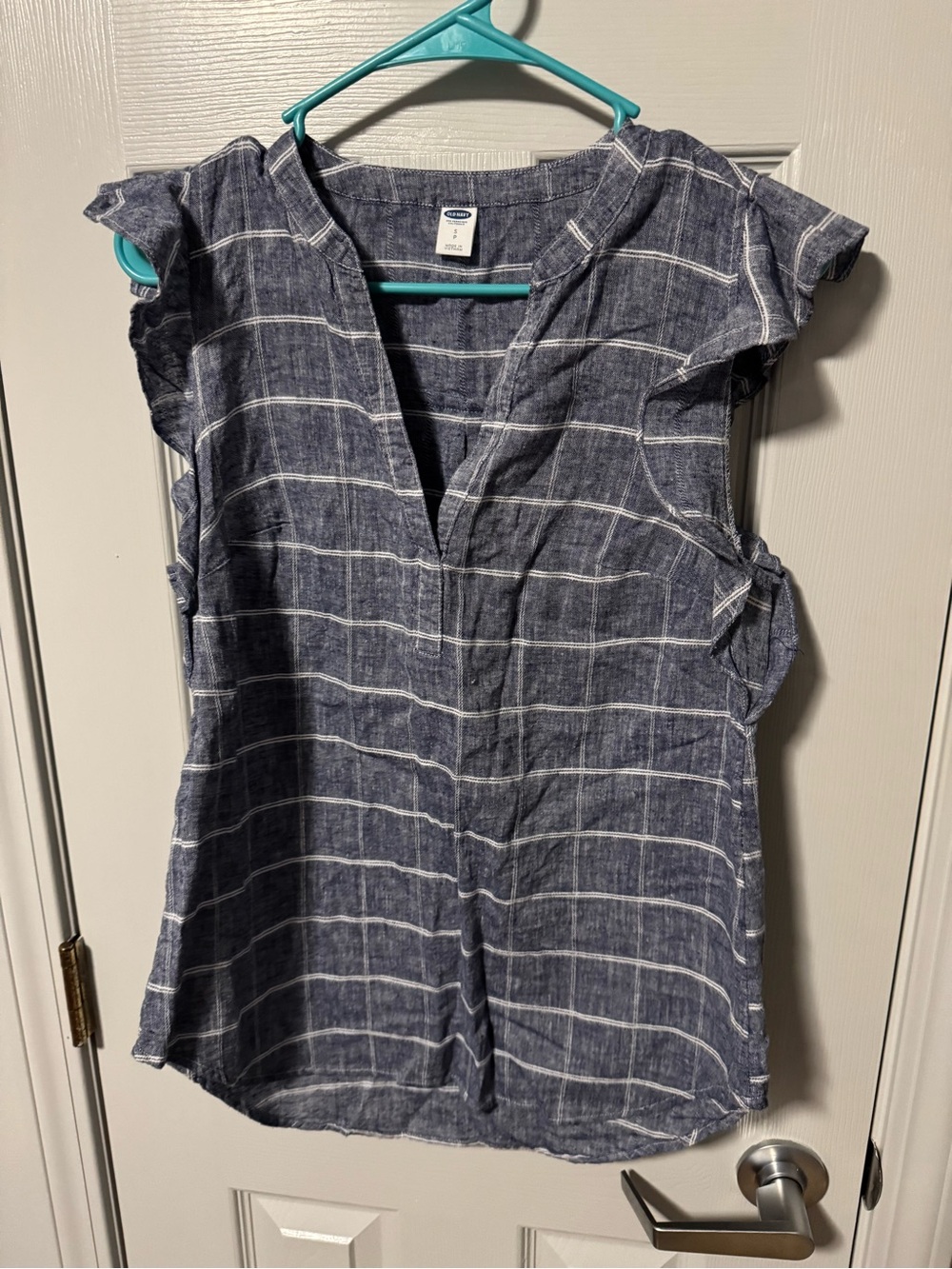 Old Navy Navy and White Striped Short Sleeve V-Neck Top